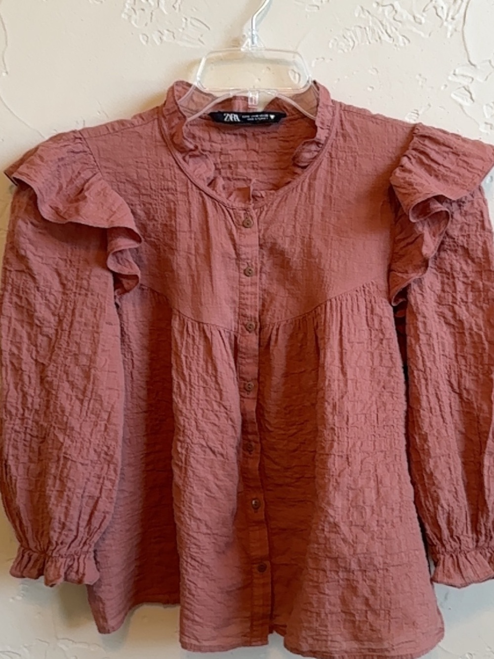 Zara Mauve Button-Front Ruffle Blouse